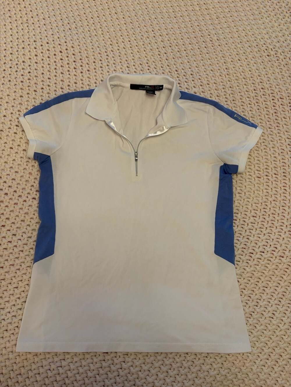 RLX Ralph Lauren Women's White and Blue Quarter-Zip Golf Polo Shirt